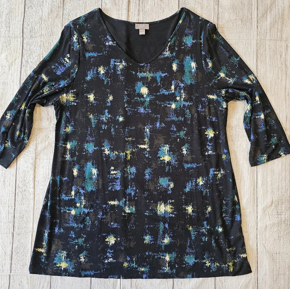 J. Jill Wearever Collection Size Large Abstract V-neck 3/4 Sleeve Top Stretchy - Picture 1 of 6